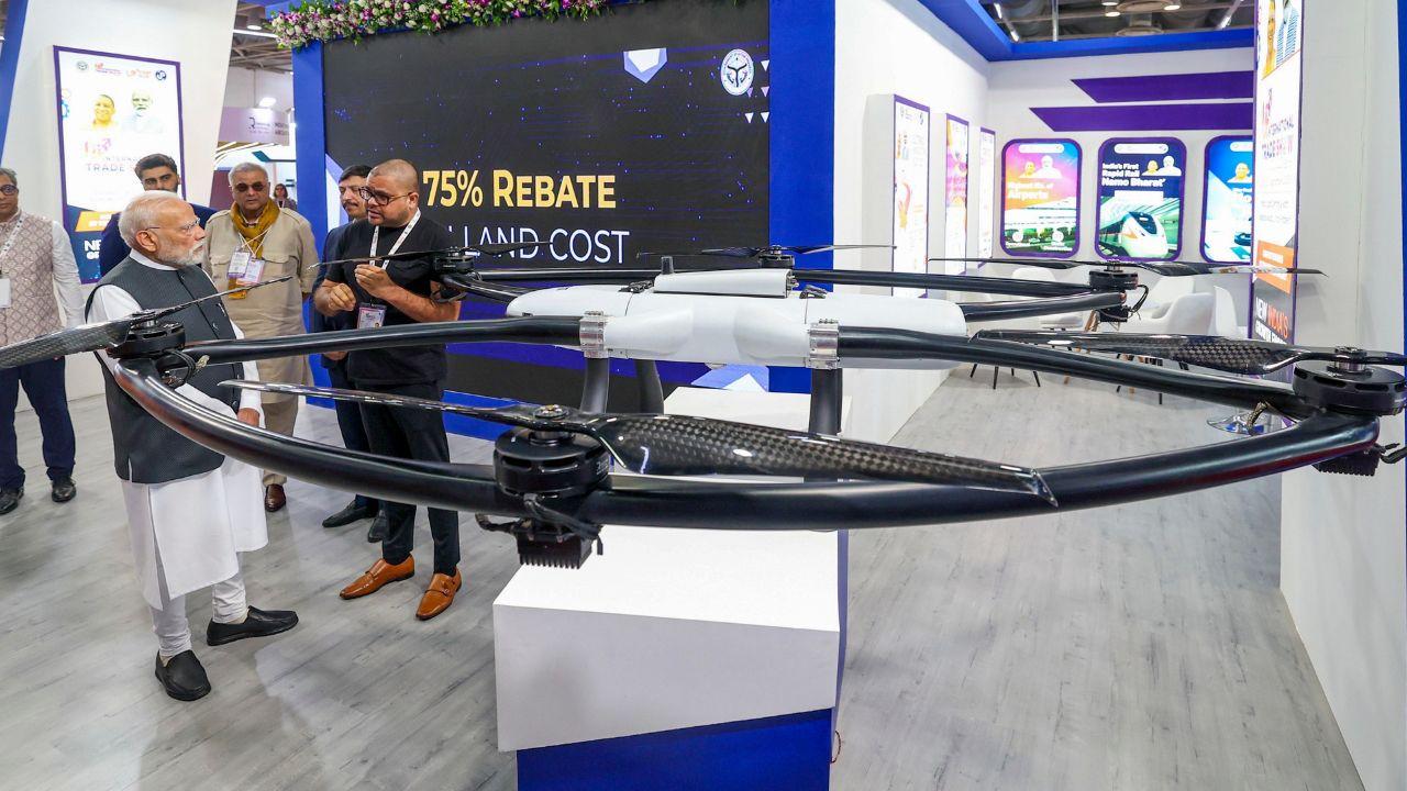 Prime Minister Narendra Modi inspects the mR-20 Drone, used in Operation Sindoor at ‘Uttar Pradesh International Trade Show 2025’, in Greater Noida, Gautam Buddha Nagar district